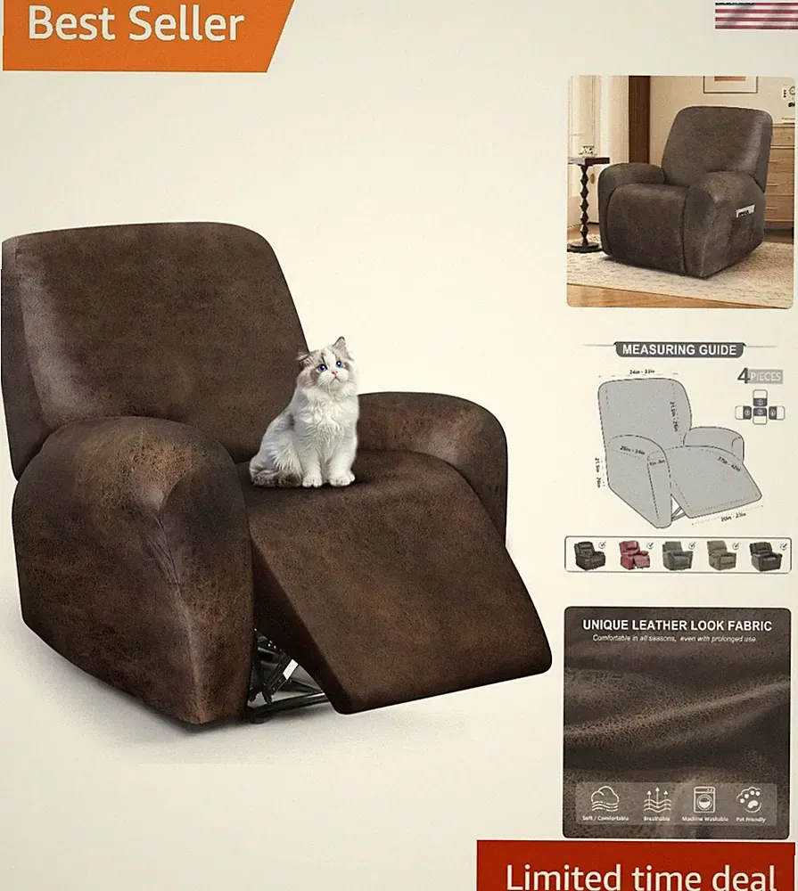 Leather Look Recliner Chair Covers 4-Pieces Stretch Reclining Slipcover Brown